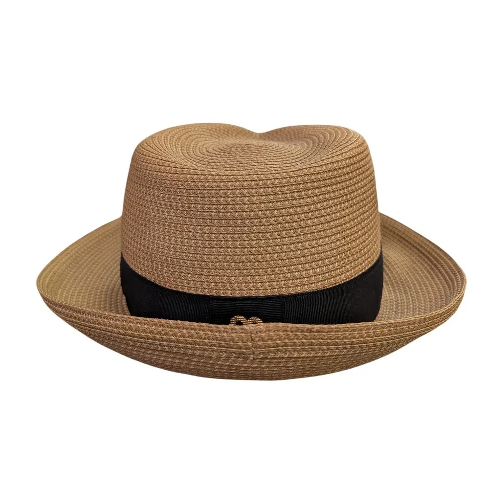 Eric Javits Squishee Classic Fedora Straw Hat Tan Black UPF 50+ - Picture 5 of 11